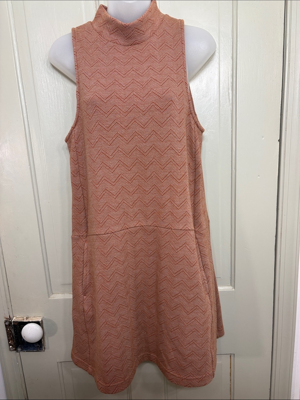 Free People Mock Neck Chevron Swing Mini Dress in Rusty Peach
